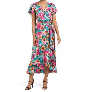 Pink/Green Floral V-Neck Flutter Sleeve Dress Satin Effect Size XS Wedding Guest